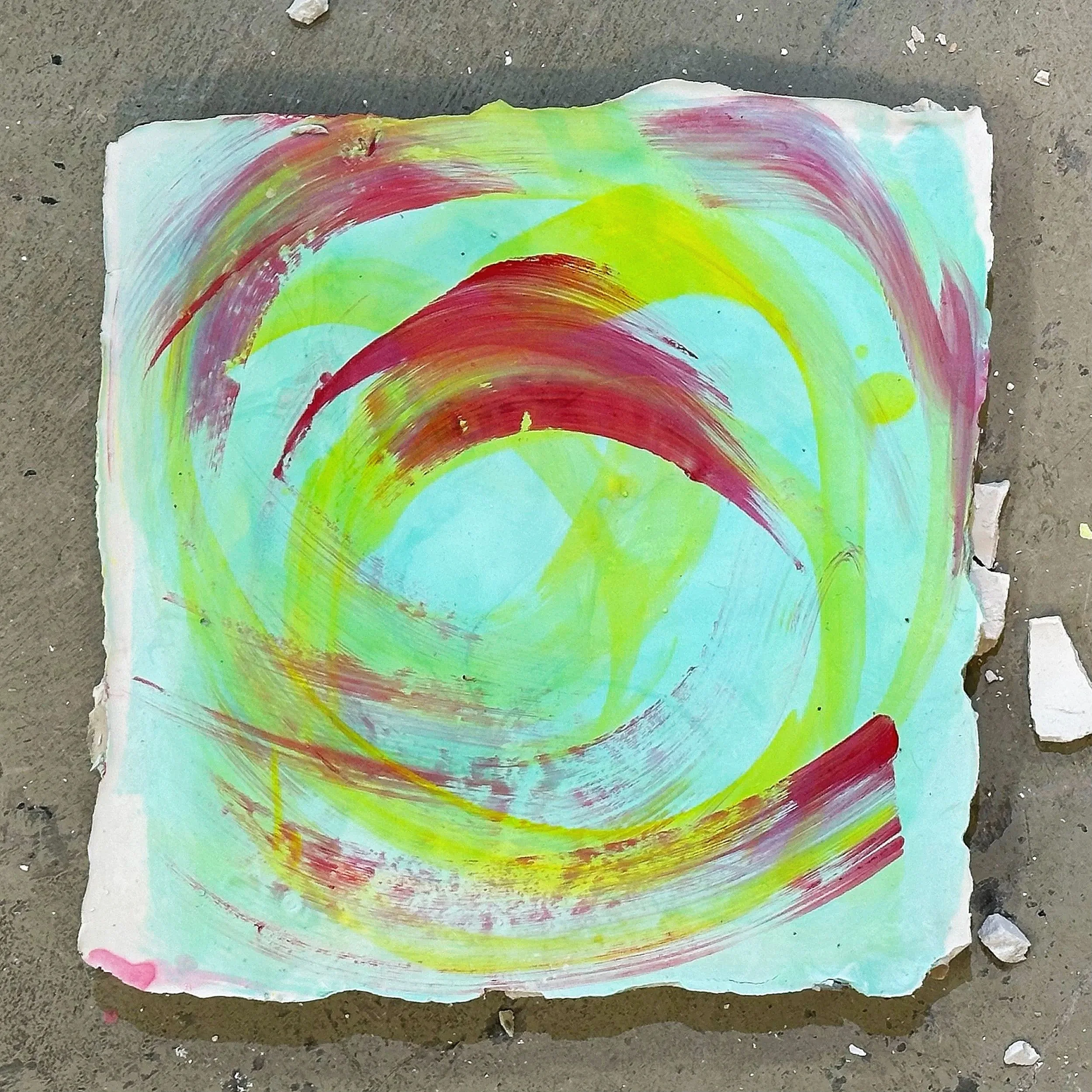 ~12in x ~12in x 0.5in (acrylic paint on plaster)