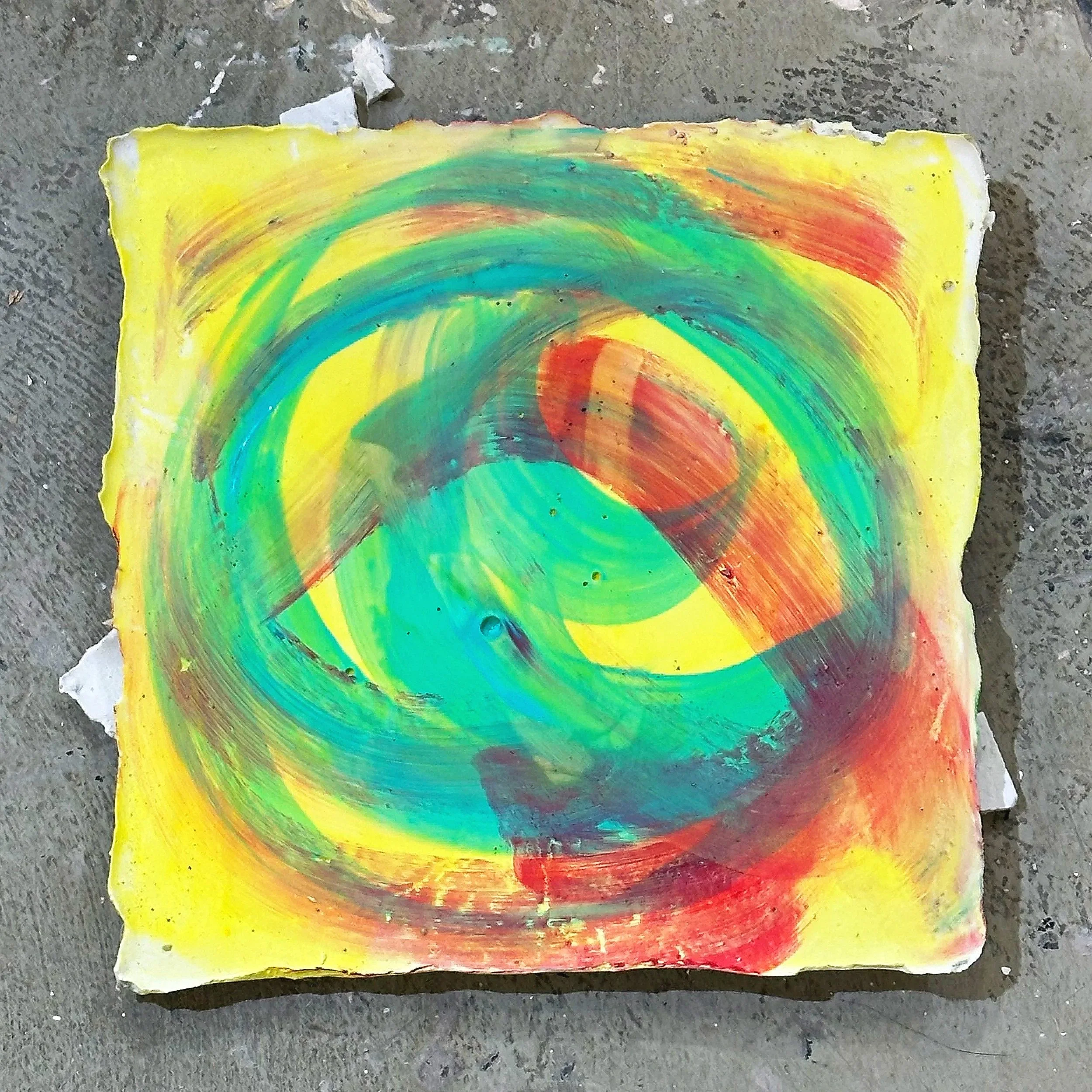 ~12in x ~12in x 0.5in (acrylic paint on plaster)