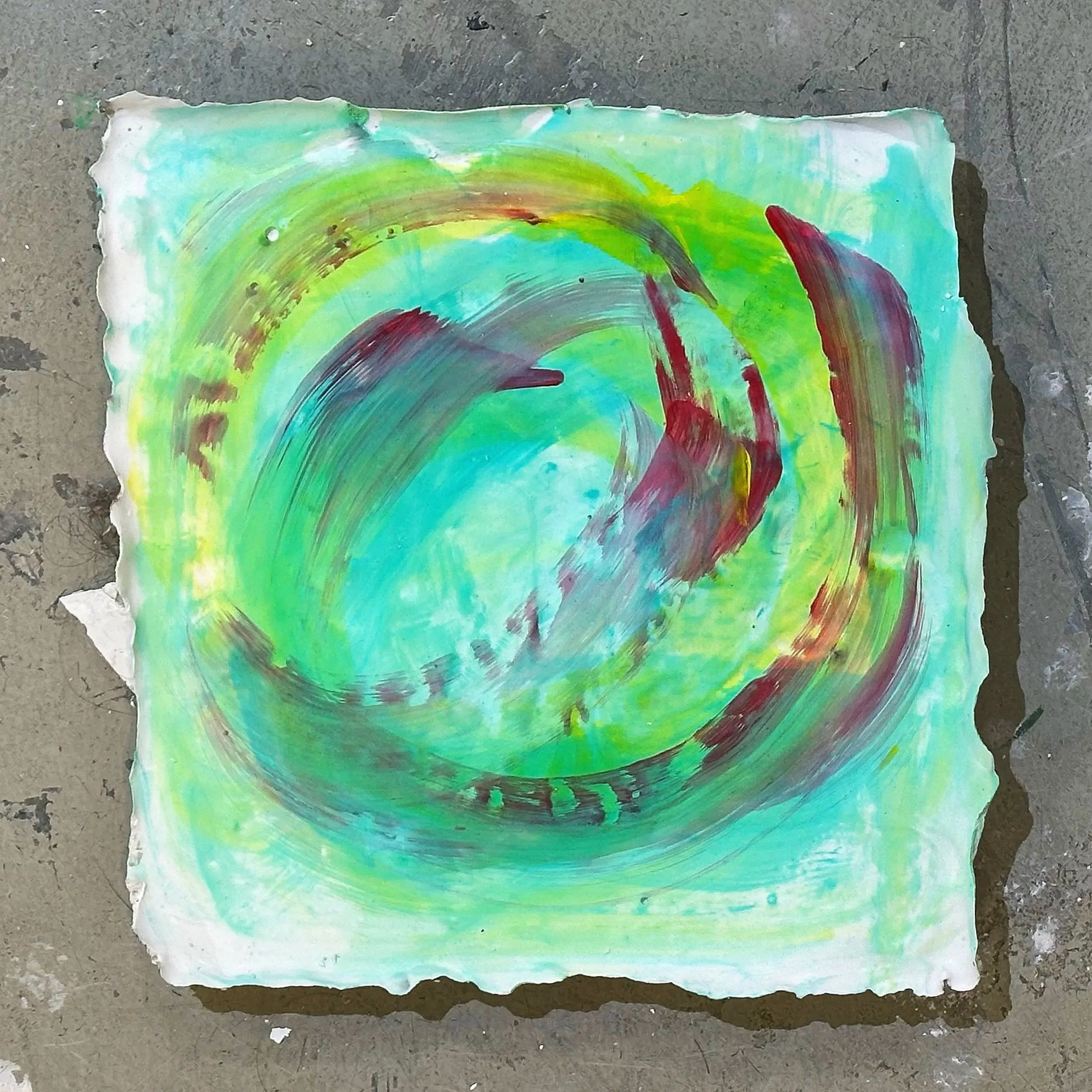 ~12in x ~12in x 0.5in (acrylic paint on plaster)