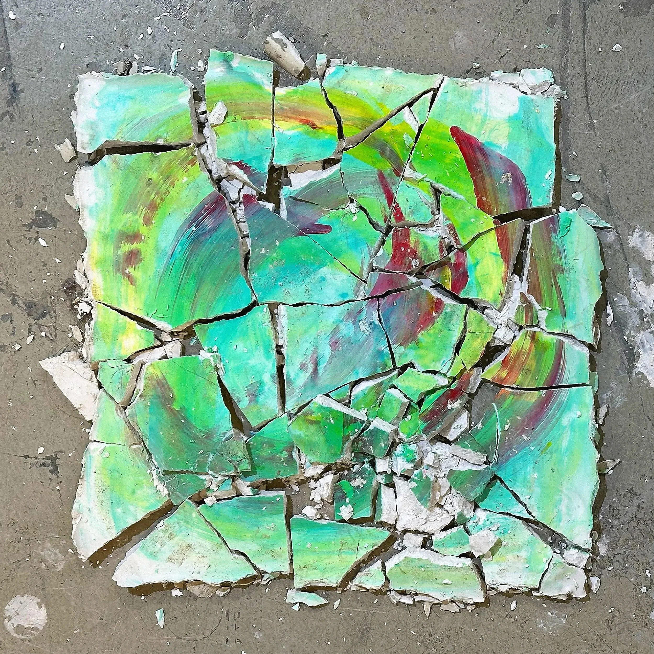 ~12in x ~12in x 0.5in (acrylic paint on plaster)