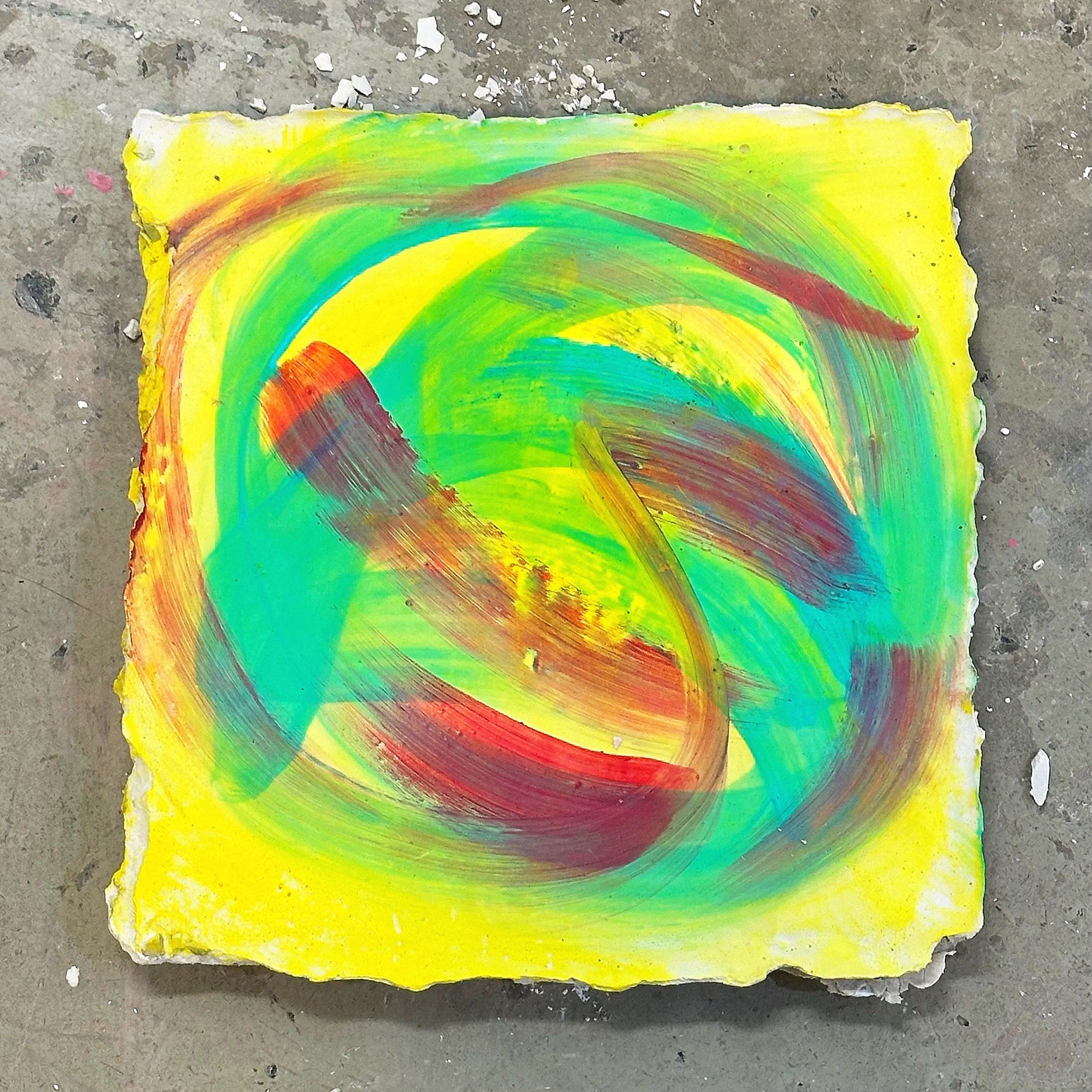 ~12in x ~12in x 0.5in (acrylic paint on plaster)