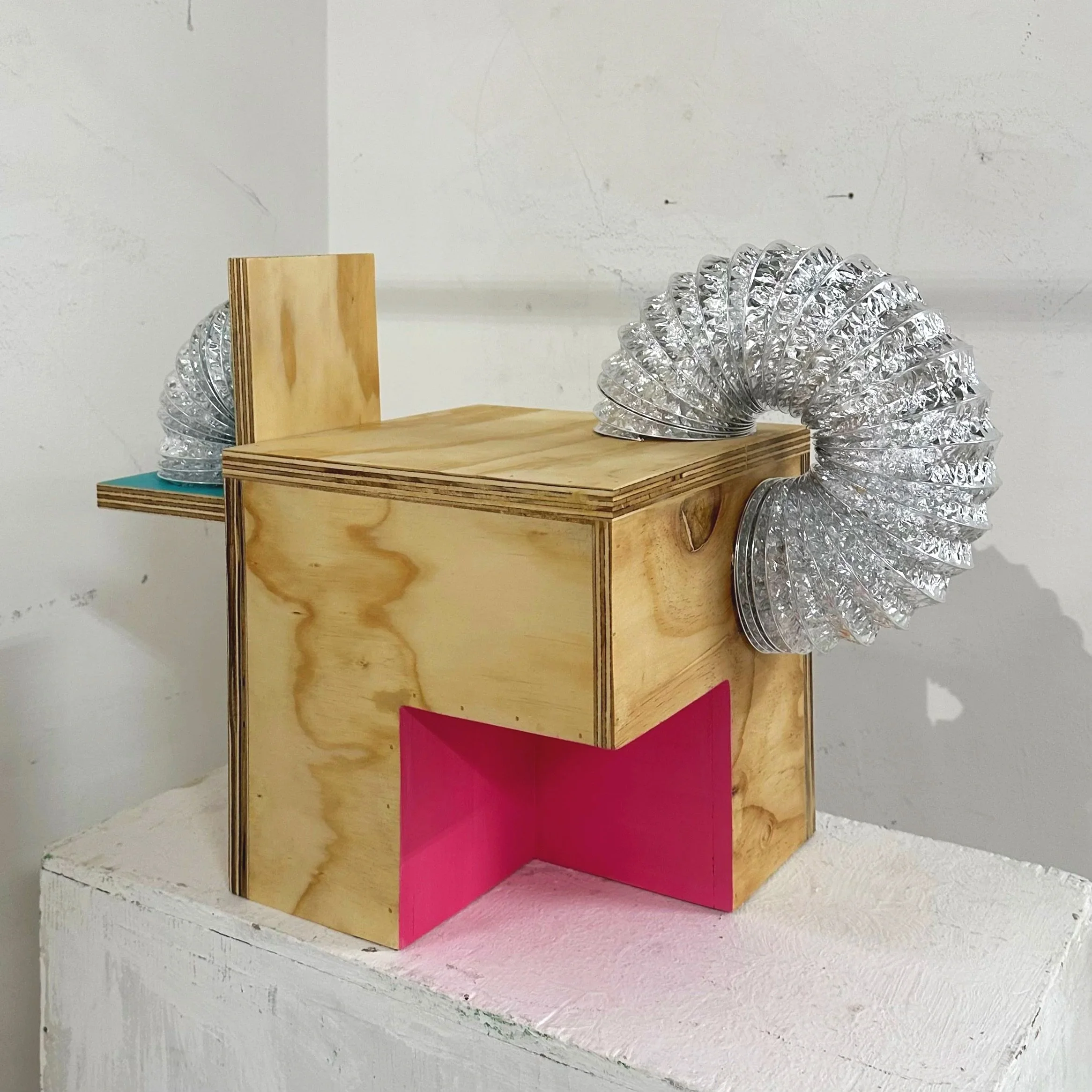 15.5in x 22.5in x 11in (plywood, air duct hose, acrylic paint)