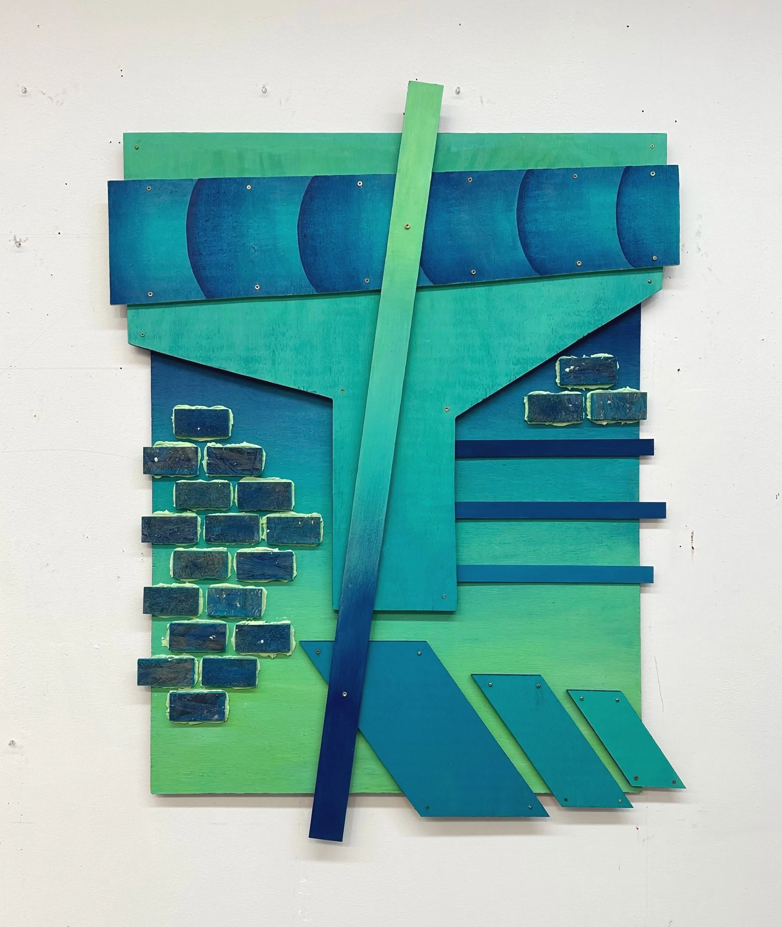 Subway: 55in x 42in x 2in (plywood, OSB board, wood, joint compound, screws, acrylic paint)