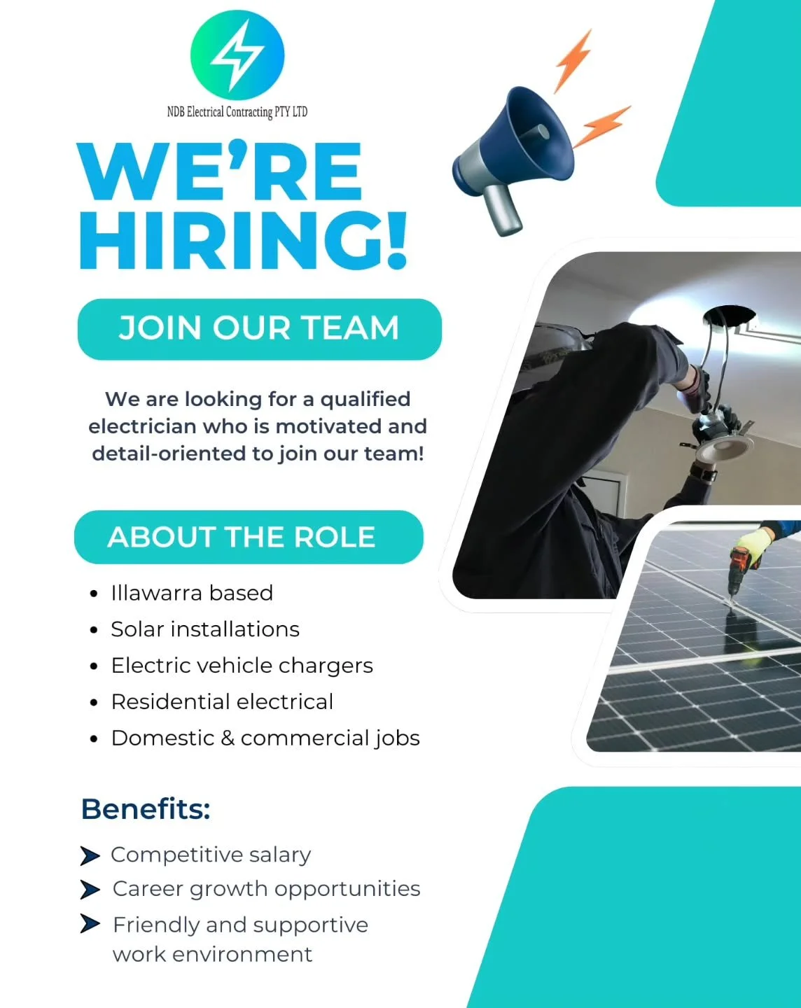 The Opportunity
NDB Electrical is a well-established contractor based in the Illawarra. Due to consistent growth in our business, we are looking for a trade-qualified Electrician who takes pride in their workmanship and wants a stable, long-term home