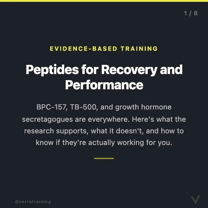 We get a lot of questions at Verro about peptides, especially recently

- Peptides are short amino acid chains that act as signaling molecules.
- BPC-157 and TB-500 show promising healing and recovery effects in animal models, but rigorous human clin