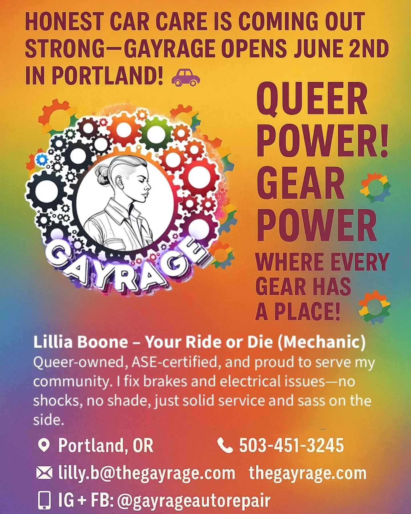 🌈 Honest car care is coming out strong&mdash;Gayrage opens June 2nd in Portland! 🚘

Hey, I&rsquo;m Lillia Boone, a queer ASE-certified mechanic offering no-BS auto repair for sedans, small SUVs, and vans.

🛠️ Brakes
⚡ Electrical
🔧 Maintenance
✨ D