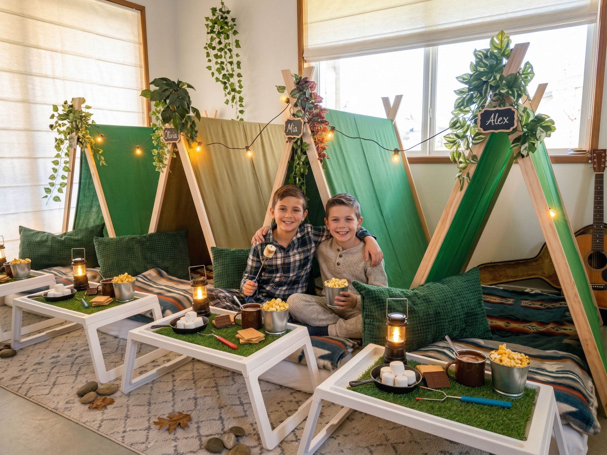Indoor cozy camping scene with three teepees, each labeled with a name on a small chalkboard. The teepees are decorated with green and beige fabric,fake vines, and string lights. In front of each teepee are small white tables with snacks, marshmallows, and hot chocolate. There are green pillows inside. The floor has a carpet with scattered leaves and stones. A guitar is seen in the background near the window.