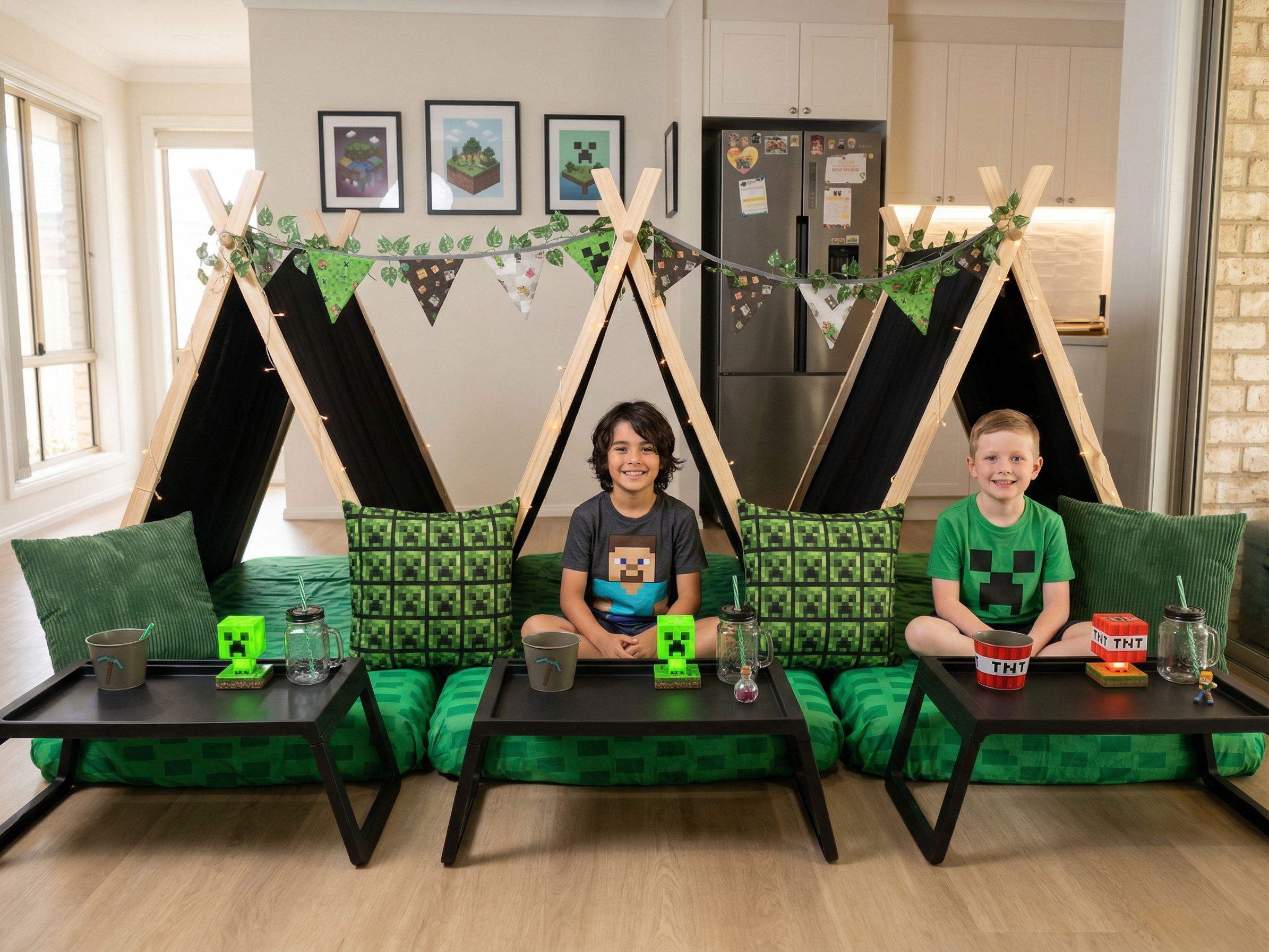 Two boys sitting in a Minecraft-themed teepees with Lego blocks and gaming props on the table, wooden game teepees with garland and Minecraft-themed bunting. Sleepover setup sleepover slumber party.