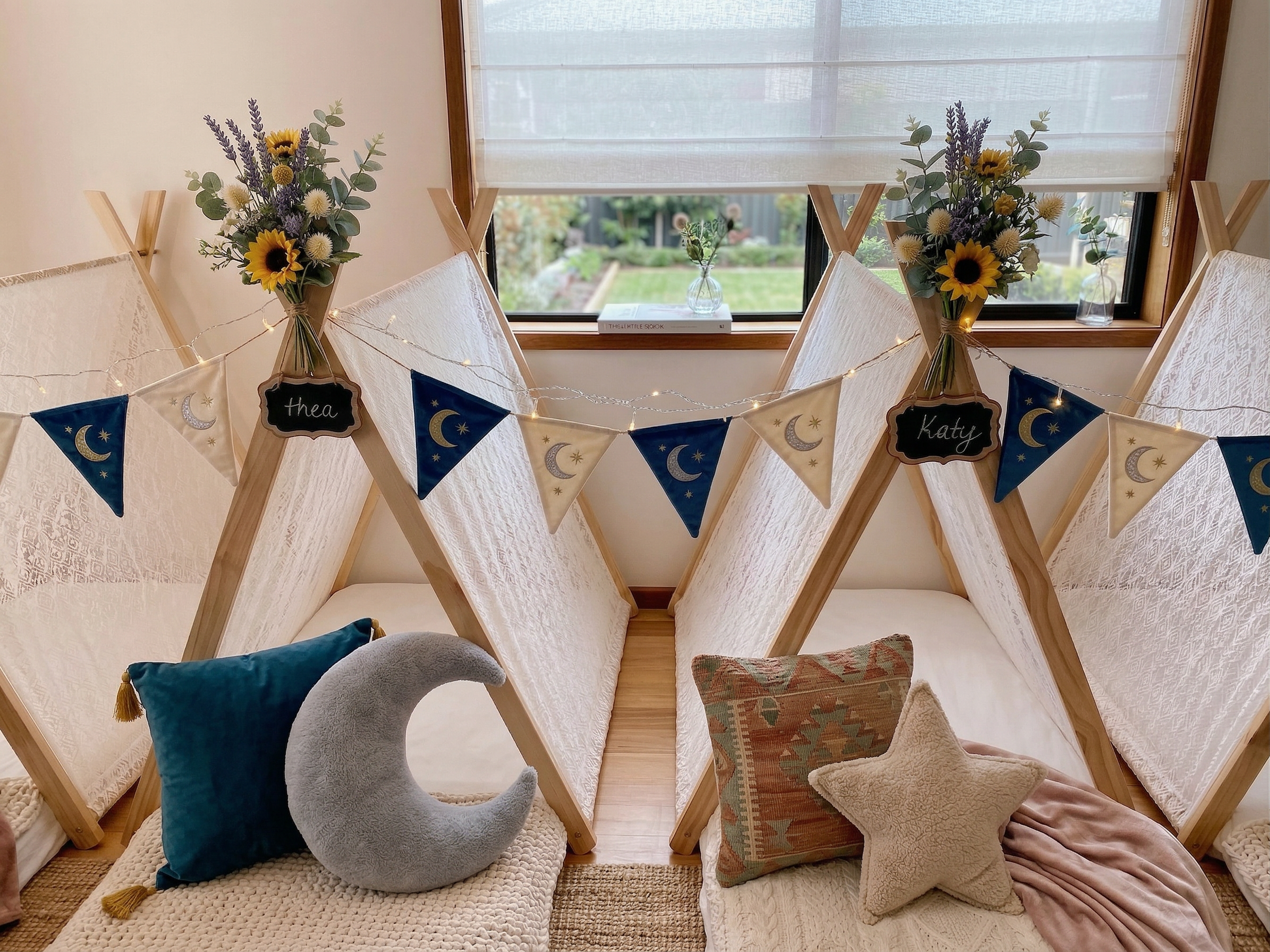 Decorative indoor space with wooden teepee tents, string lights, floral arrangements with sunflowers, and plush pillows, including a crescent moon, star, and personalized bunting with the names Thea and Katy.