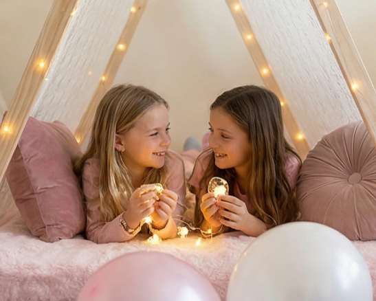 Two young girls with blonde and brunette hair smiling and playing with cookies inside a cozy, tent-like structure decorated with string lights and pillows.