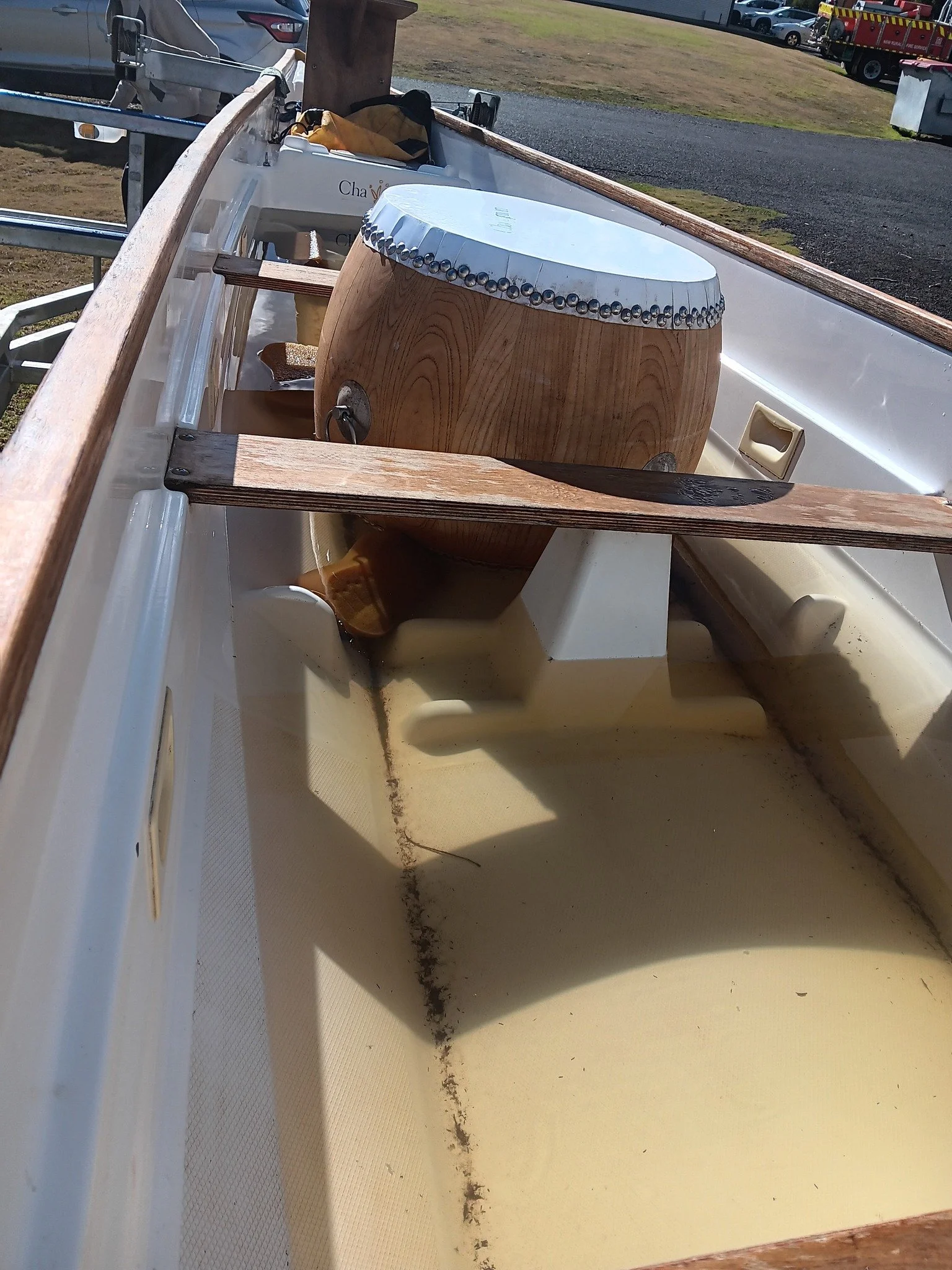 Our poor boat !
Note for future - remove the drum, water was almost up to the handles!!