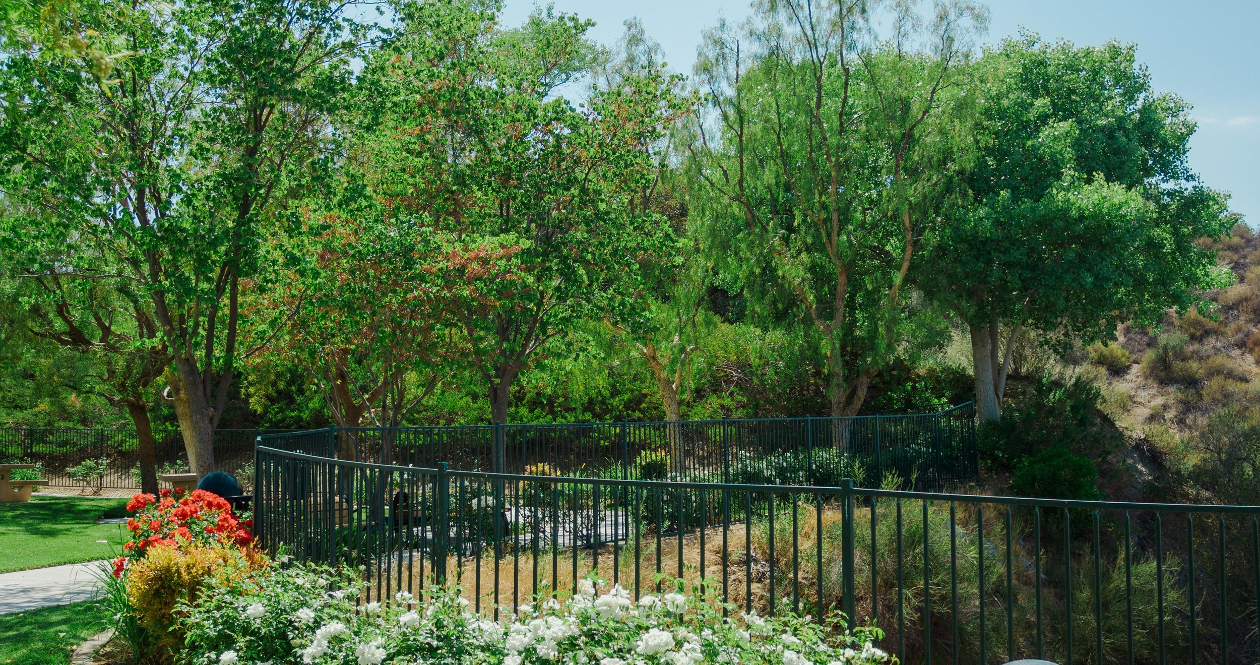 Park with trees, flowers, and a picnic area.