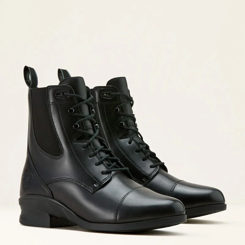 Black leather lace-up boots with pull tabs, shown against a neutral background.
