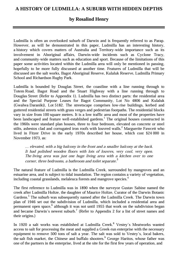 A history of Ludmilla: A suburb with hidden depths By Rosalind Henry (2007)