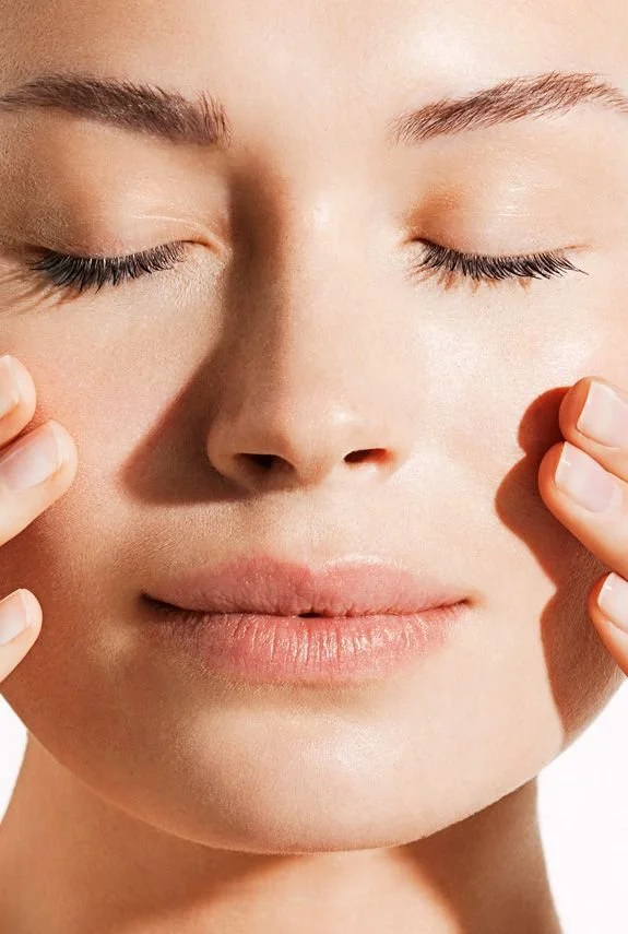Close-up of a woman with closed eyes, touching her cheeks with both hands, showing smooth skin and natural makeup.