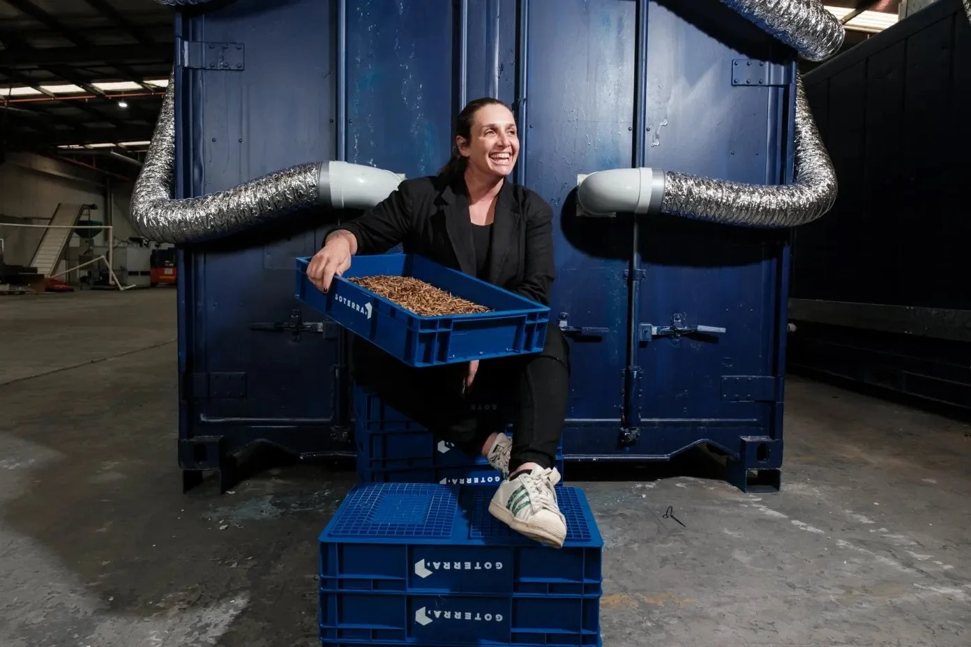 Olympia Yarger says Goterra’s larvae are housed in shipping container-sized units dubbed “maggot robots”, and can devour vast amounts of food waste.