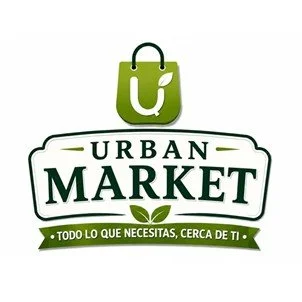 Logo de un mercado llamado Urban Market con un saco de compras verde y hojas verdes, y el lema 'Tu mercado de confianza'.