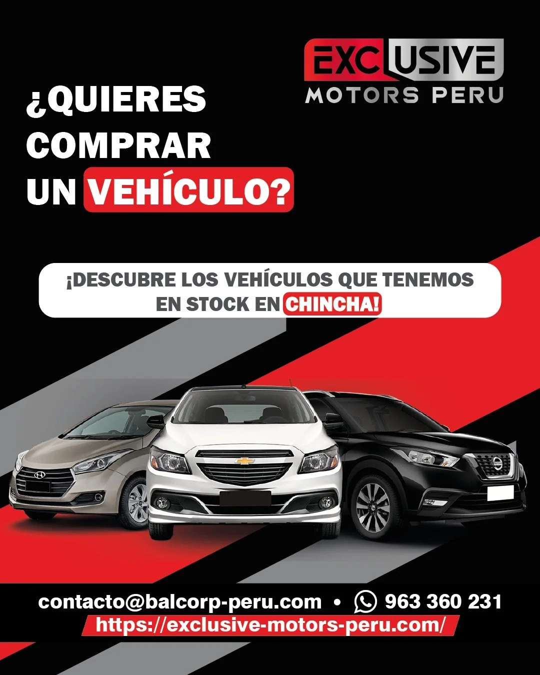 &iquest;Est&aacute;s buscando tu auto ideal en Chincha? 🚗✨
En Exclusive Motors tenemos veh&iacute;culos en stock listos para ti. Explora nuestras opciones, elige el que m&aacute;s te guste y ll&eacute;vatelo hoy mismo.
Visita nuestras redes 📱 o ent