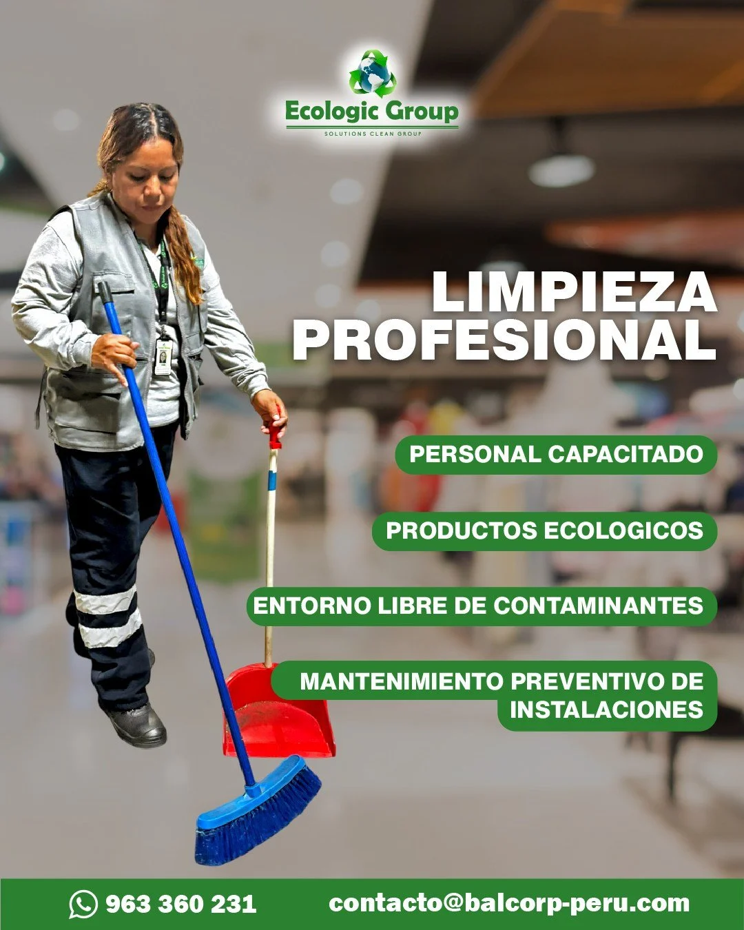 Tu aliado en limpieza corporativa.
Ofrecemos un servicio confiable, con est&aacute;ndares de calidad y responsabilidad ambiental que respaldan la reputaci&oacute;n de tu empresa.

🌐 Conoce m&aacute;s en: https://ecologicgrp-peru.com/

#EcologicGroup