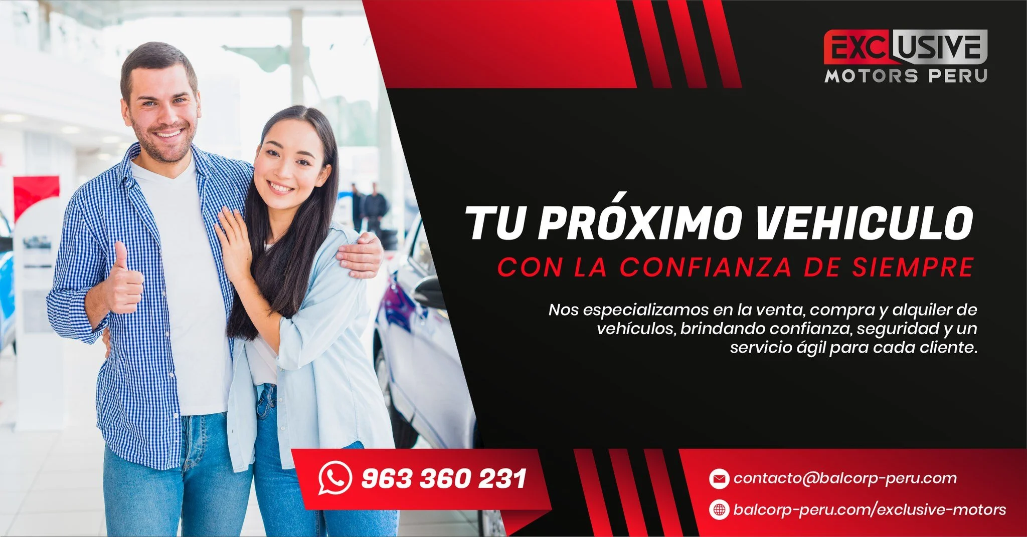 🚗 Compra, venta y alquiler de veh&iacute;culos en un solo lugar.
En Exclusive Motors, te ofrecemos unidades en excelente estado y procesos &aacute;giles para cada necesidad.
🌐 balcorp-peru.com/exclusive-motors
📞 963 360 231

#ExclusiveMotors #Balc