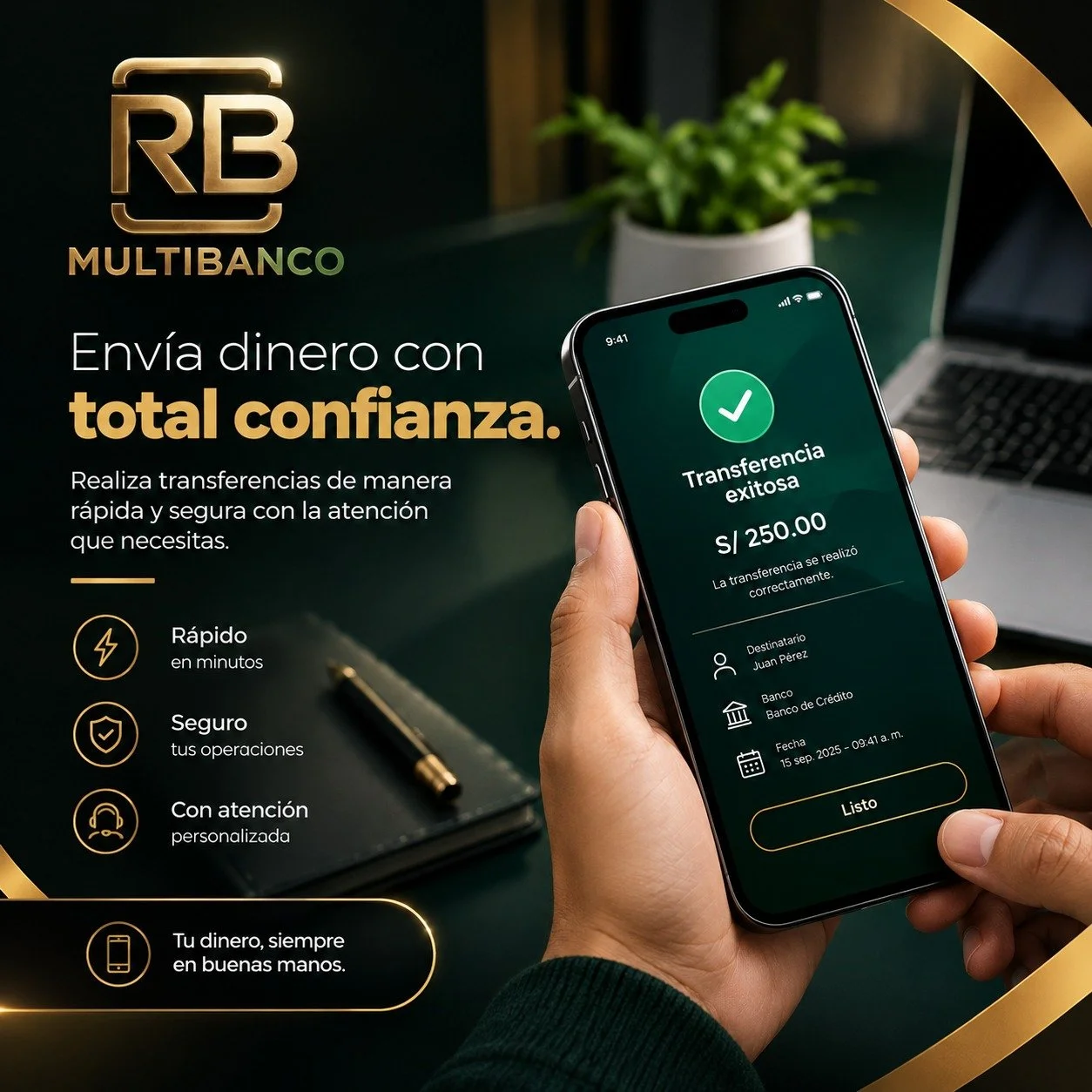 💸 Env&iacute;a dinero con total confianza.

En RB Multibanco realizas tus transferencias de forma r&aacute;pida, segura y confiable, con la atenci&oacute;n personalizada que necesitas en cada operaci&oacute;n.

✅ Transferencias nacionales
✅ Atenci&o