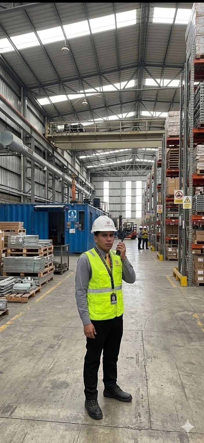 Hombre con casco y chaleco de seguridad en almacén industrial, rodeado de estanterías con materiales y maquinaria.