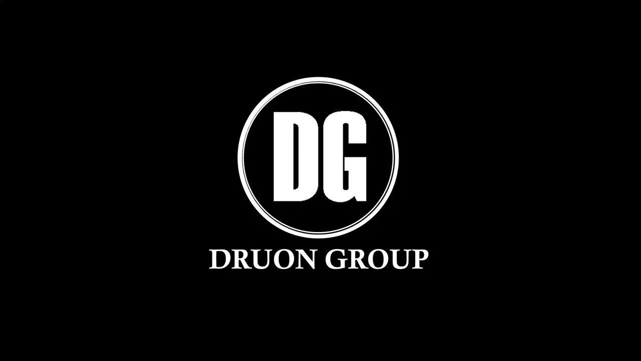 Logotipo negro con letras blancas 'DG' en círculo y texto 'DRUON GROUP' debajo.