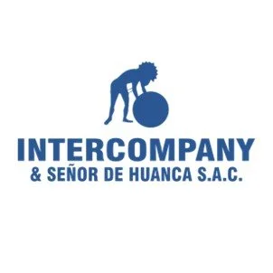 Logo de una empresa llamada INTERCOMPANY & SEÑOR DE HUANCA S.A.C., con figura de una persona inclinada con una camiseta y peinado de espigas, con una bola grande debajo, en color azul.