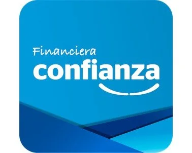 Logotipo azul con la palabra 'financiera' en letras blancas y 'confianza' en letras blancas más grandes, con un arco debajo de 'confianza'.
