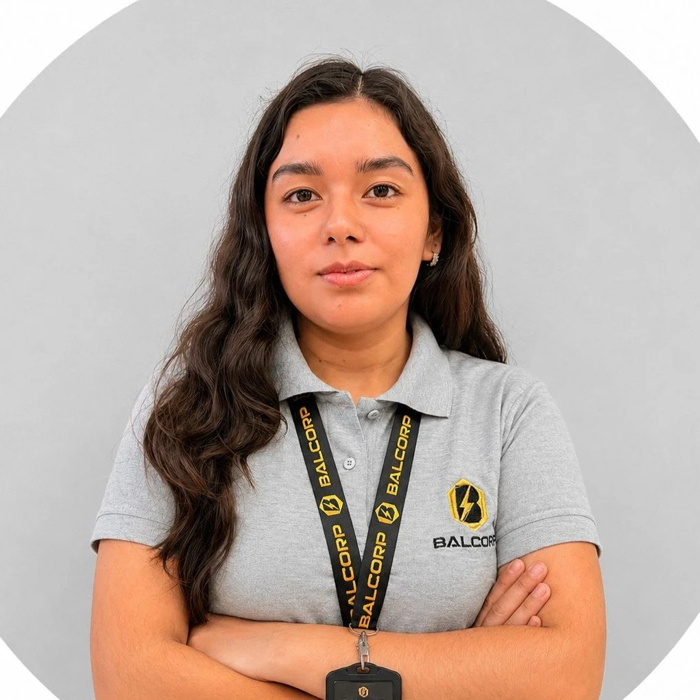 Mujer joven con cabello rizado, lleva una camiseta gris con logotipo y un collar con la inscripción 'BALCORP', cruzada de brazos, de pie frente a una pared gris.