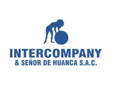 Logo de una empresa llamada INTERCOMPANY & SEÑOR DE HUANCA S.A.C., con figura de una persona inclinada con una camiseta y peinado de espigas, con una bola grande debajo, en color azul.