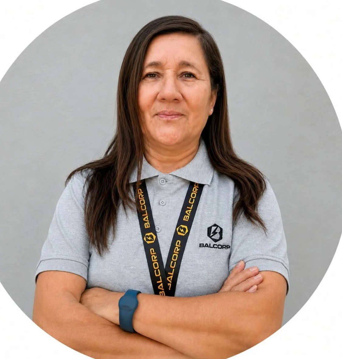 Mujer con cabello castaño oscuro, camiseta gris con logo de BALCORP, llevando una banda y un reloj de fitness, frente a fondo gris.