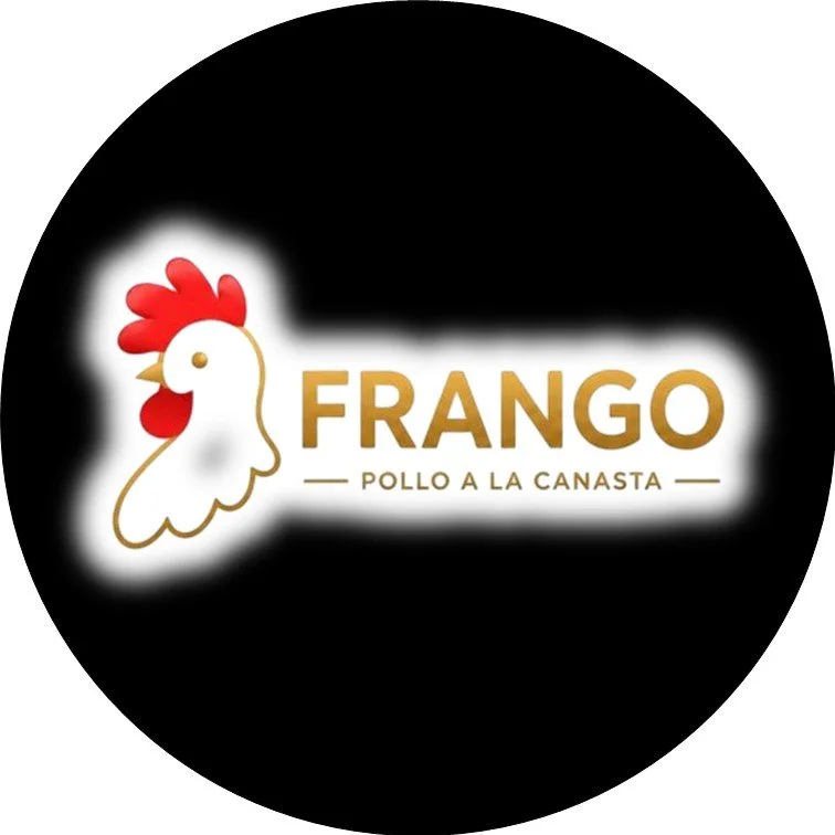 Logo de un gallo con la palabra 'FRANGO' y la frase 'Pollo a la canasta' en letras doradas, fondo negro.