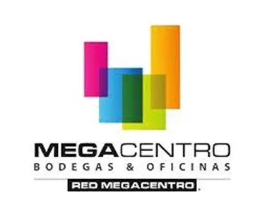 Logotipo de Mega Centro, que incluye varias figuras rectangulares en colores rosa, azul, verde y naranja, con el texto 'Mega Centro Bodegas & Oficinas' y 'Red Mega Centro'.