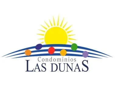 Logo de Condominios Las Dunas con sol amarillo, línea ondulada azul y círculos coloridos