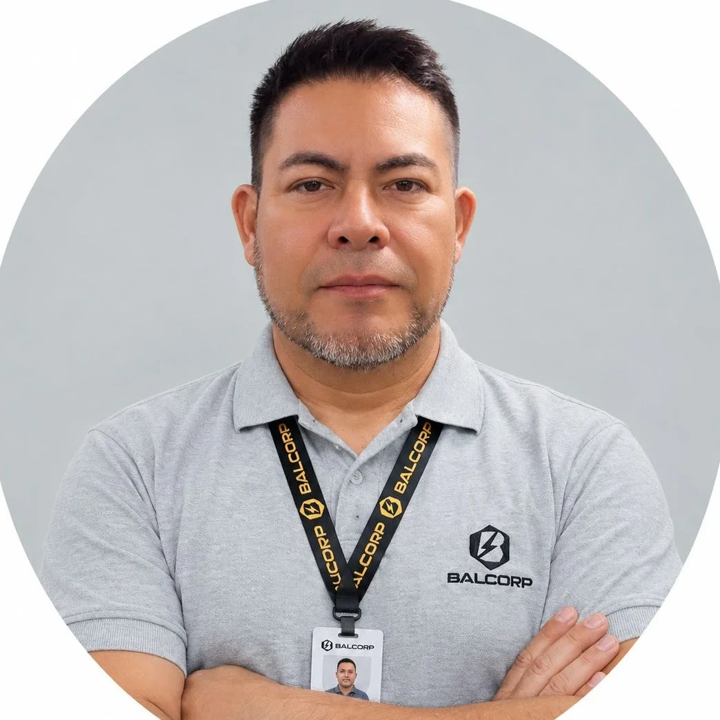Retrato de un hombre con camiseta gris y gafete de identificación, con un logotipo de Balcorp, posa con los brazos cruzados, fondo gris claro.
