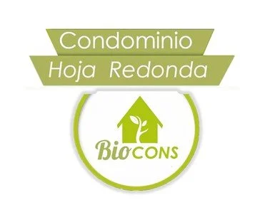Logotipo de Biocons para el condominio Hoja Redonda, con un icono de árbol y casa en verde y blanco.
