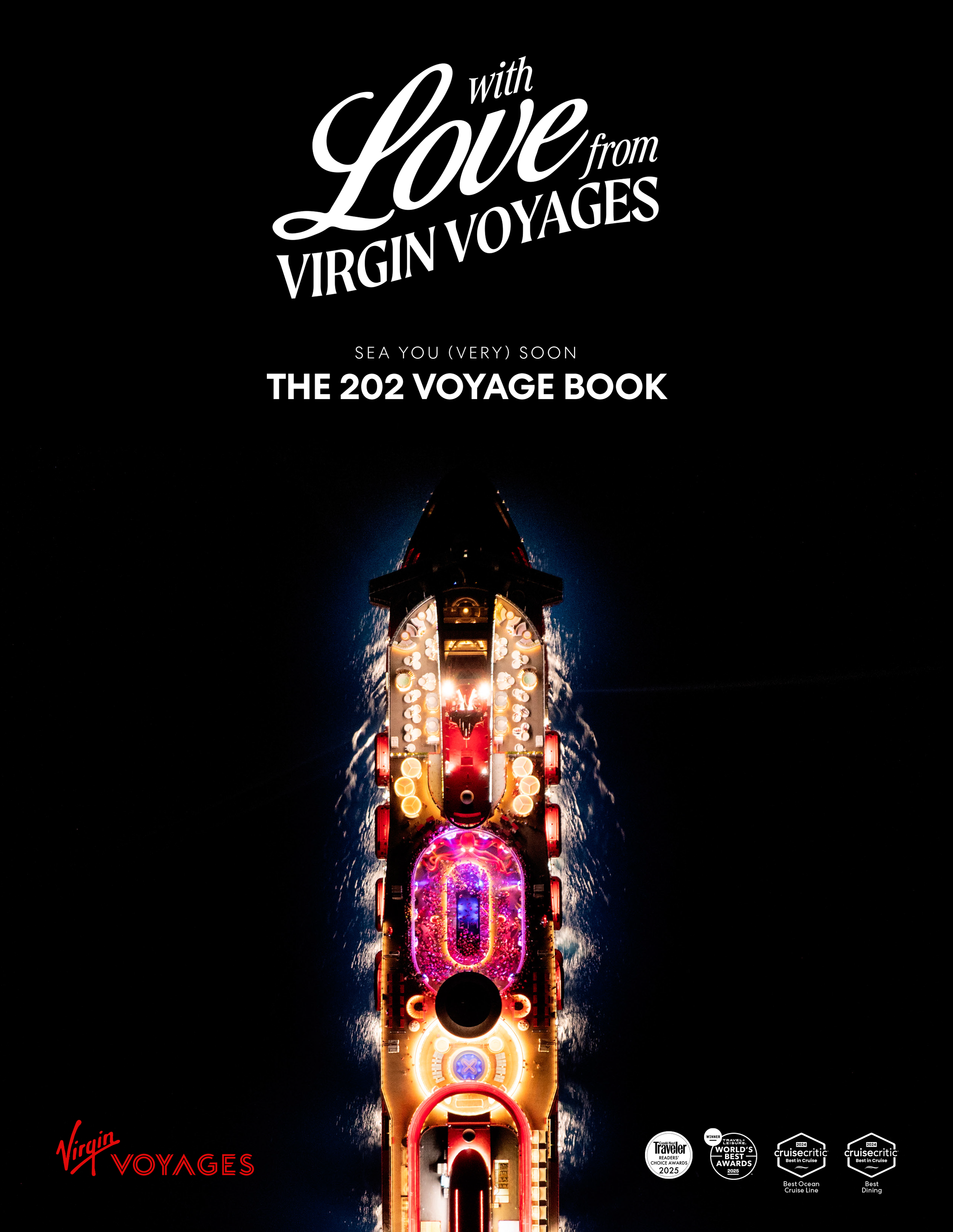 A Virgin Voyages brochure cover featuring a lit-up cruise ship at night, detailing why The Unpunctual recommends their modern adults-only itineraries and signature sea experiences.
