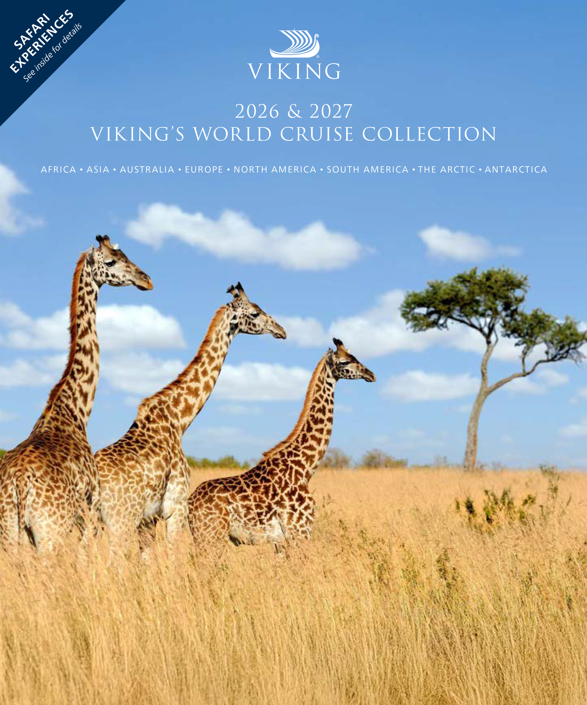 Viking World Cruise brochure cover featuring three giraffes on a savanna, highlighting global safari offered on an international cruise.