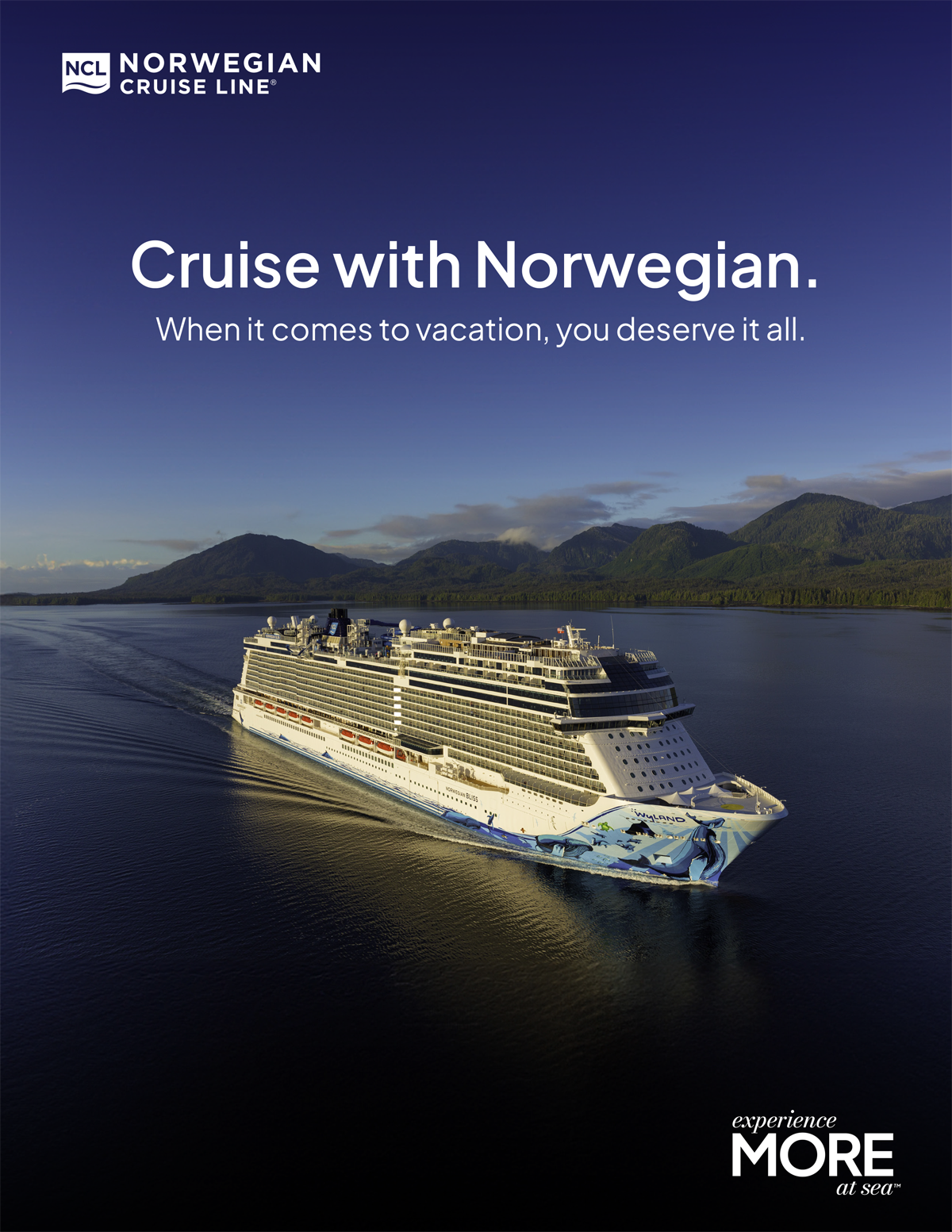 Cover of an NCL brochure featuring the Norwegian Bliss sailing past mountainous coastline.