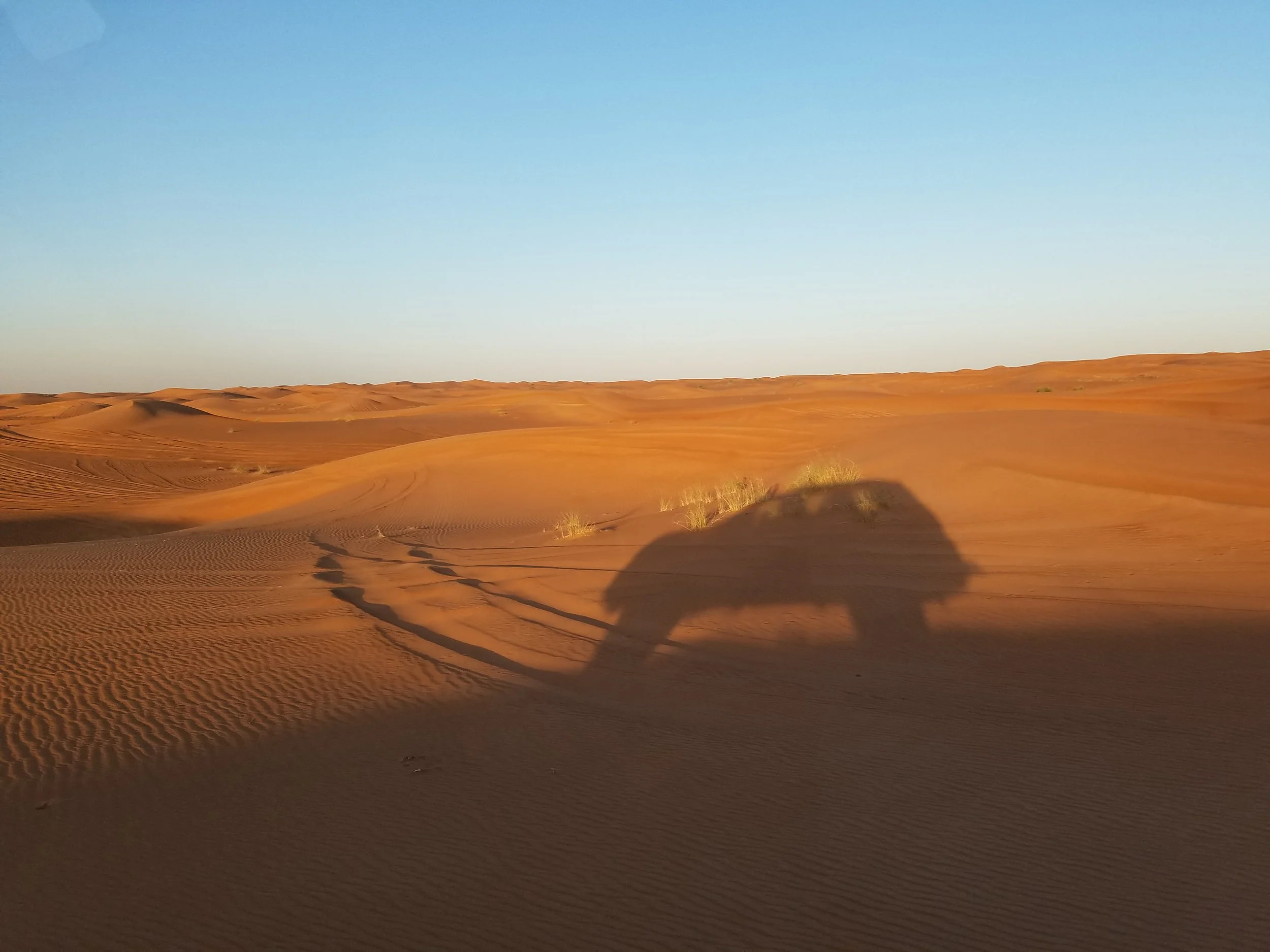 Shadow of a 4x4 vehicle on the orange sand dunes of Dubai during a desert safari, highlighting signature Middle Eastern expeditions and tailored adventure travel by The Unpunctual.