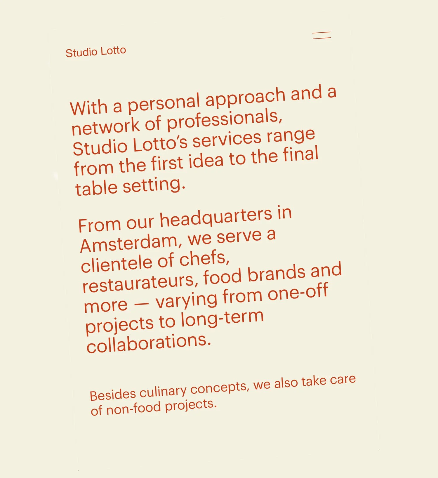 Text explaining Studio Lotto's services, based in Amsterdam, serving chefs, restaurateurs, food brands, and non-food projects.