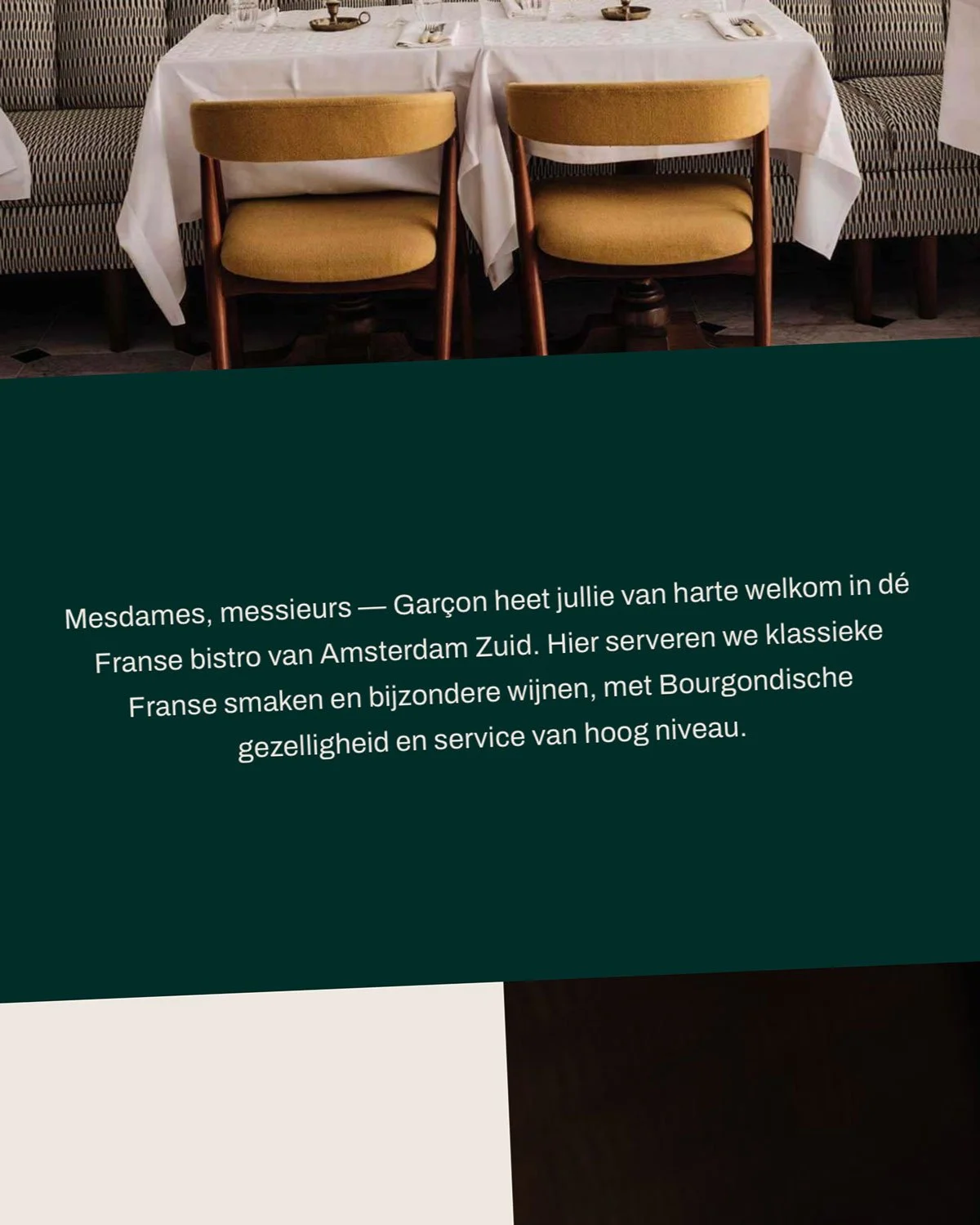 Text in Dutch welcoming guests to a French bistro in Amsterdam-Zuid, describing the serving of classic French flavors and wines with high-quality service.