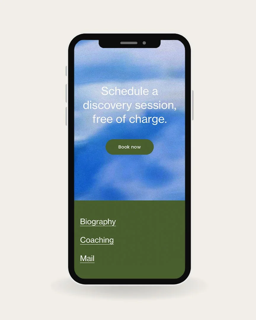 A smartphone screen displays the website of Olaf Boswijk with a blue sky background, offering to schedule a free discovery session with a 'Book now' button, and links labeled Biography, Coaching, and Mail.