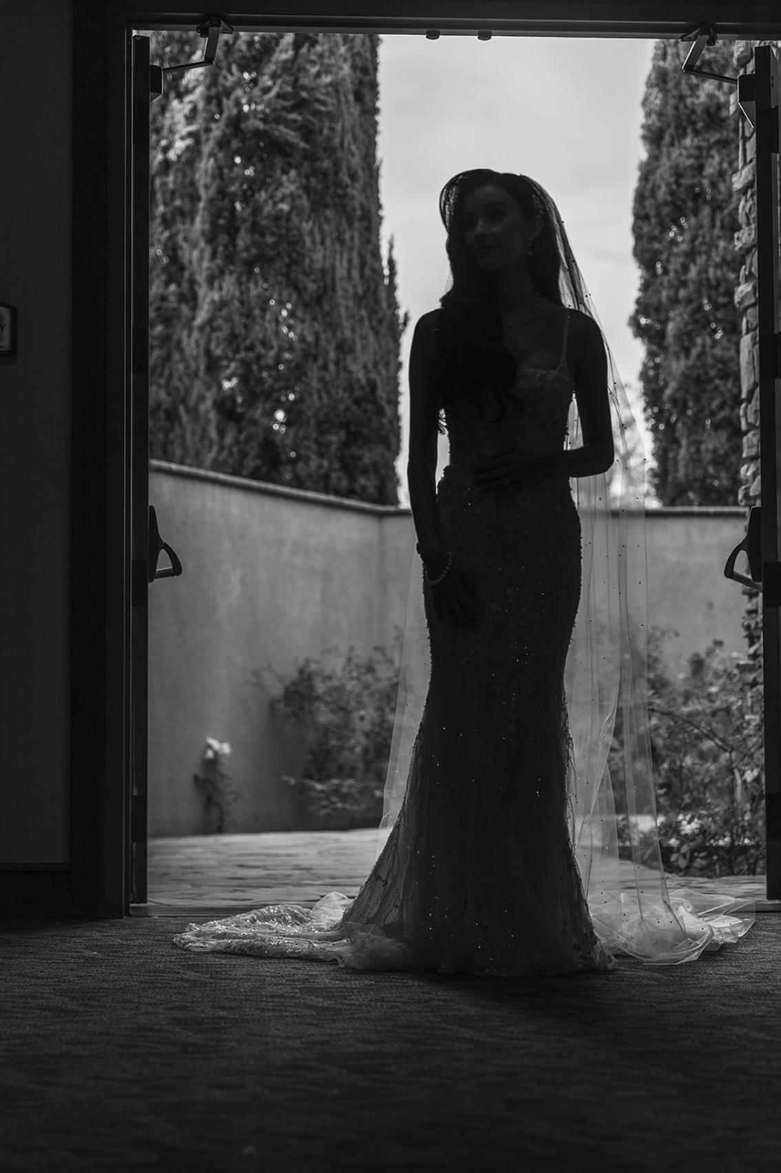 Silhouette of a bride wearing a wedding dress and veil standing at the doorway, outdoors with trees in the background.