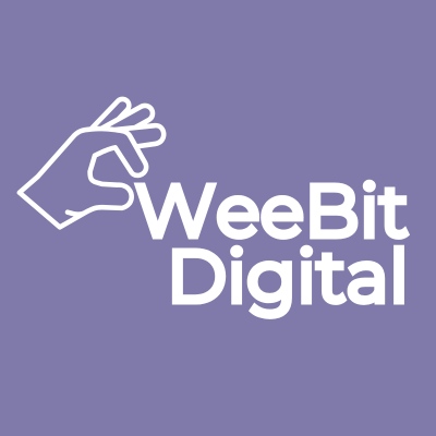 Logo of WeeBit Digital featuring a hand making a pinching gesture indicating a "wee bit" above the text.