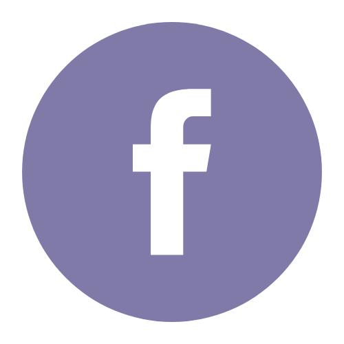 Facebook logo in a purple circle.