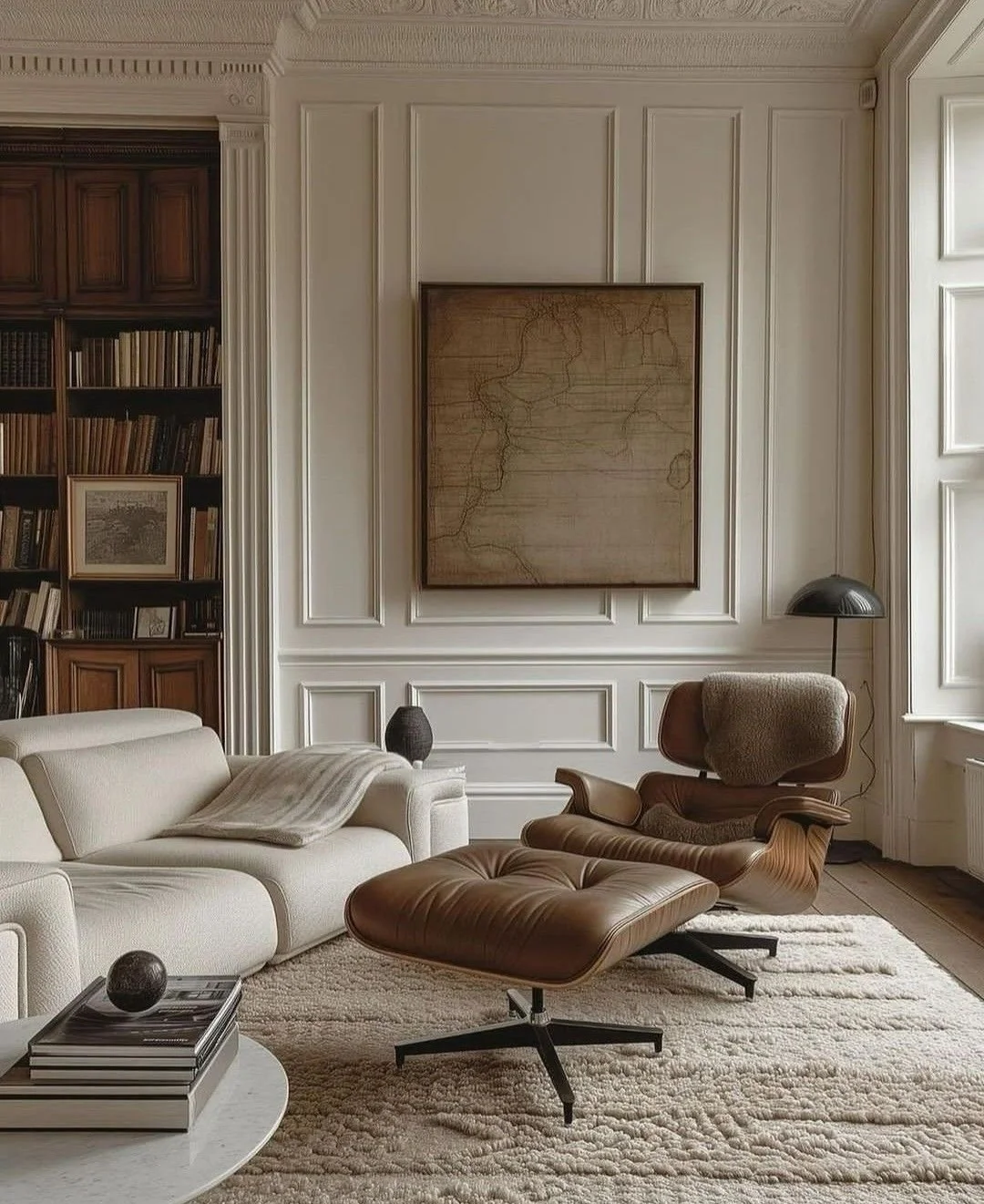  Elegáns nappali Eames Lounge Chair-rel, klasszikus falpanelekkel és könyvespolccal 