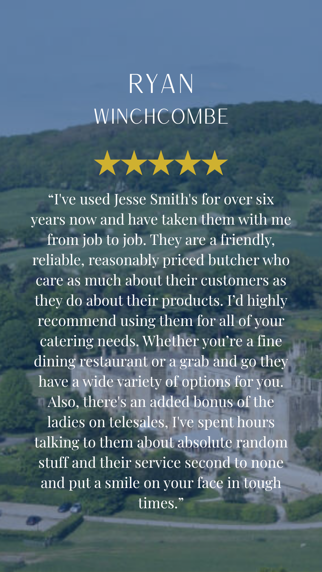 Testimonial for Ryan Winchcombe featuring a five-star rating, a quote praising his reliable and friendly service, and describing positive customer interactions.