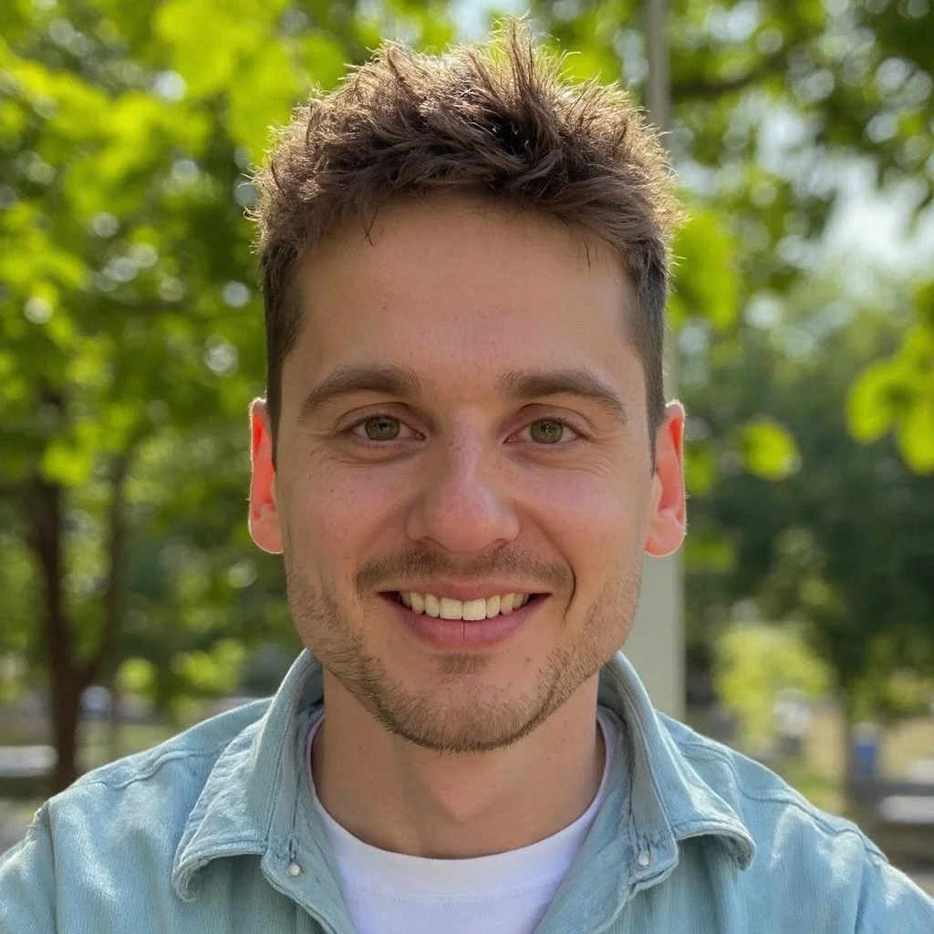 Close-up of a smiling young man with light brown hair, light skin, and wearing a light denim shirt outdoors with green trees in the background.